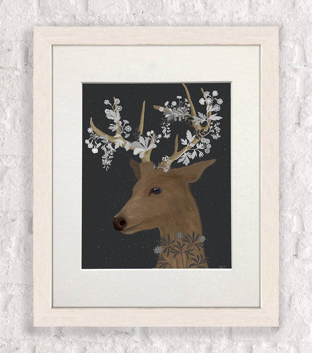 Deer, White Flowers, Art Print, Canvas Wall Art