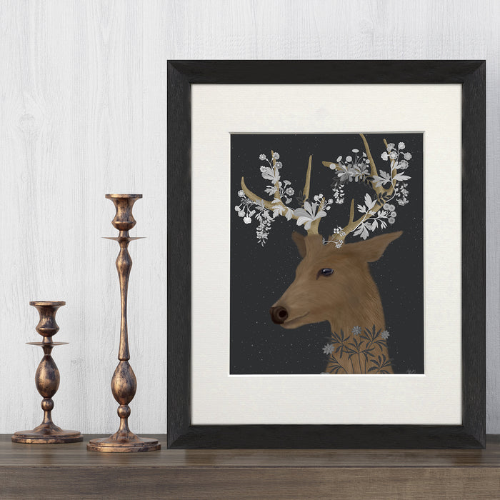 Deer, White Flowers, Art Print, Canvas Wall Art