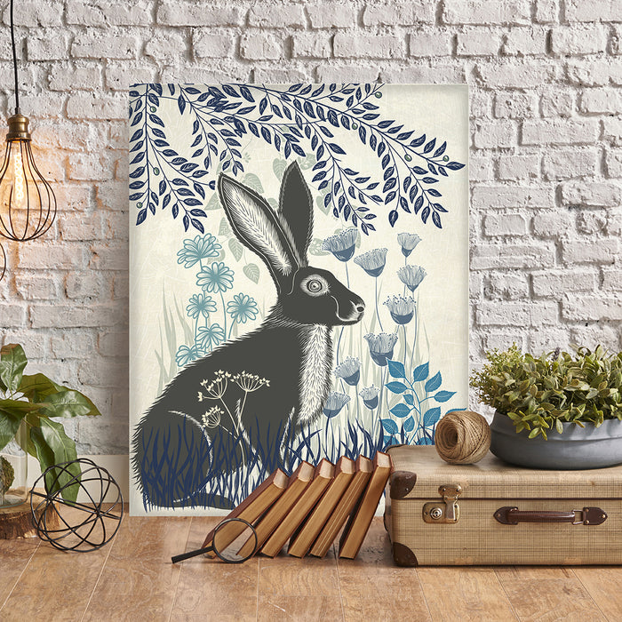 Country Lane Hare 1, Blue, Art Print