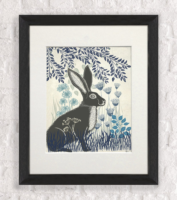 Country Lane Hare 1, Blue, Art Print