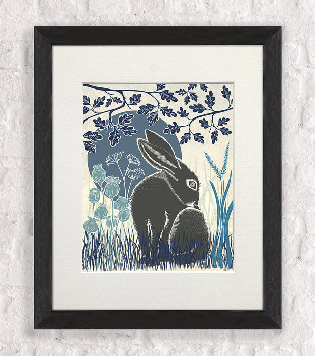 Country Lane Hare 2, Blue, Art Print