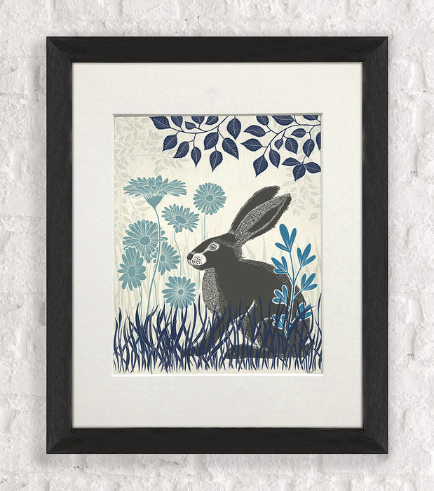 Country Lane Hare 3, Blue, Art Print