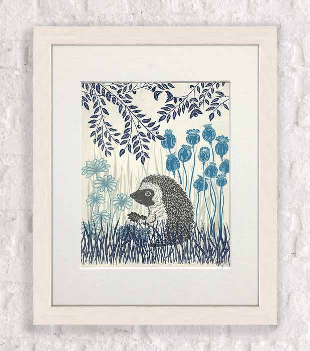 Country Lane Hedgehog, Blue, Art Print