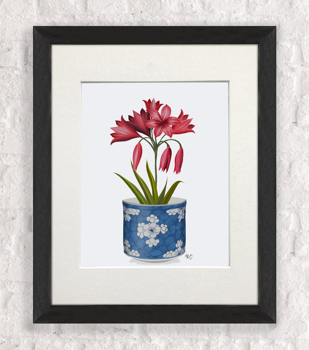 Chinoiserie Amaryllis Red, Blue Vase, Art Print