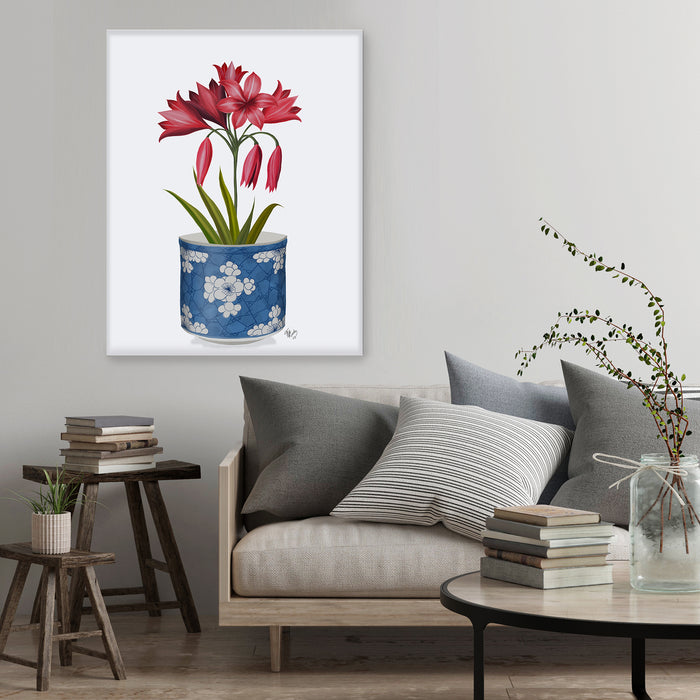 Chinoiserie Amaryllis Red, Blue Vase, Art Print