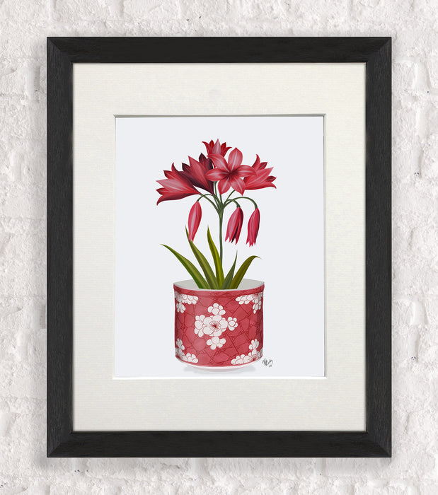 Chinoiserie Amaryllis Red, Red Vase, Art Print