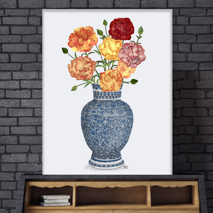 Chinoiserie Carnations Multicolour, Blue Vase, Art Print