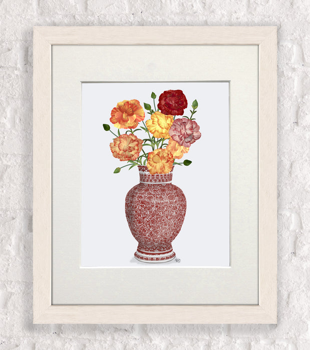 Chinoiserie Carnations Multicolour, Red Vase, Art Print