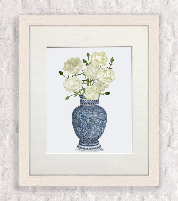 Chinoiserie Carnations White, Blue Vase, Art Print