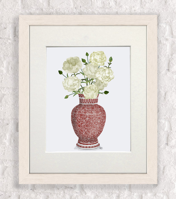 Chinoiserie Carnations White, Red Vase, Art Print