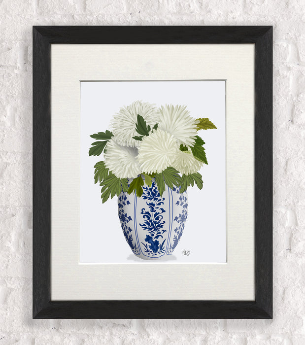 Chinoiserie Chrysanthemum White, Blue Vase, Art Print