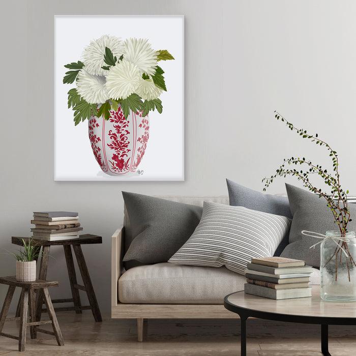 Chinoiserie Chrysanthemum White, Red Vase, Art Print
