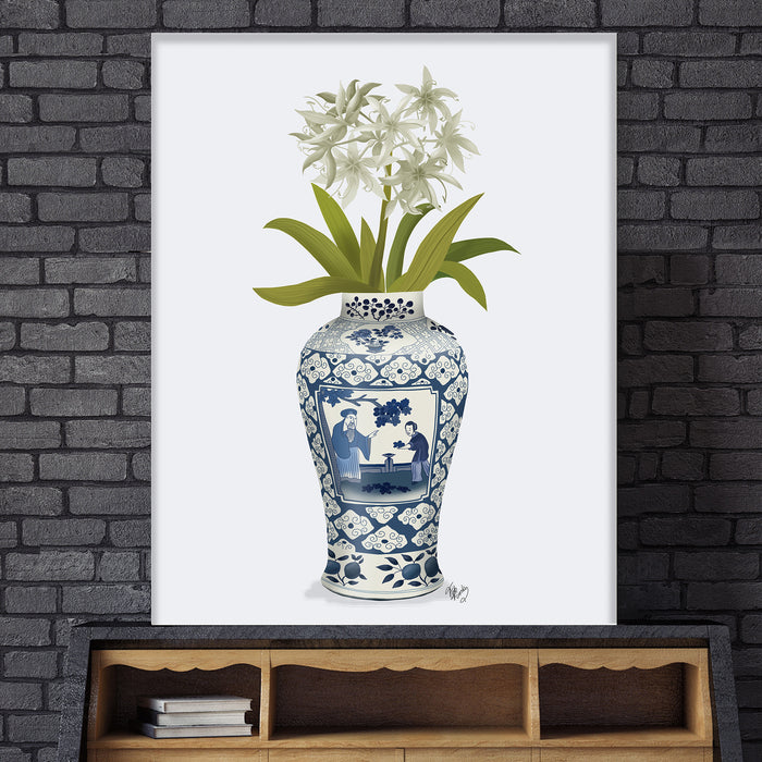 Chinoiserie Day Lily White, Blue Vase, Art Print