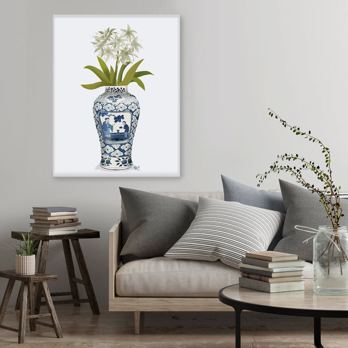 Chinoiserie Day Lily White, Blue Vase, Art Print