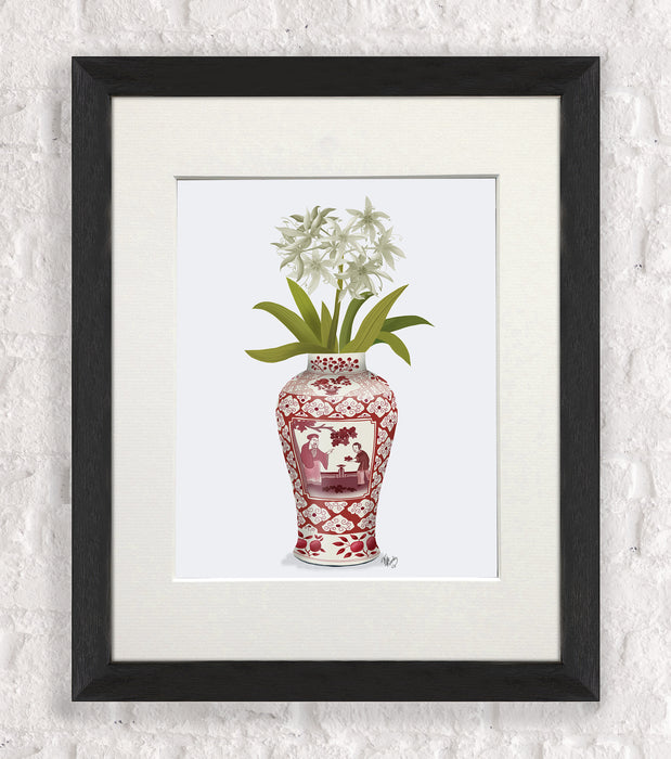 Chinoiserie Day Lily White, Red Vase, Art Print