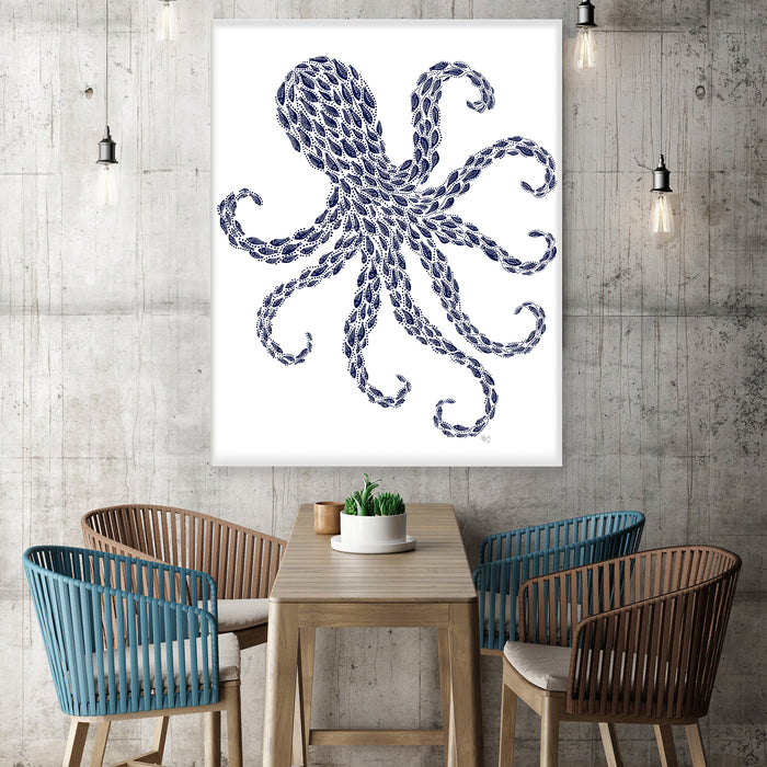 Little Fishes, Octopus Midnight Blue on White, Nautical print, Coastal art