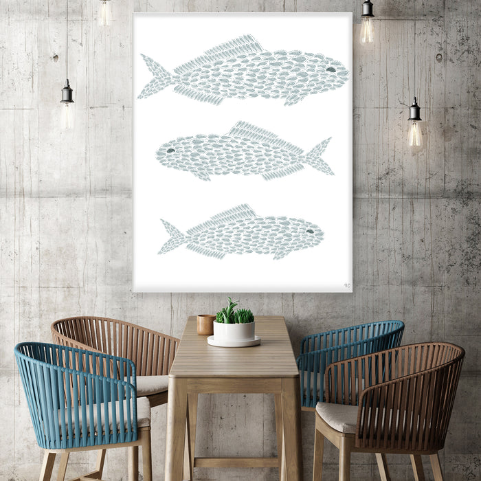 Little Fishes, Fish Trio Grey Blue on White, Nautical print, Coastal art