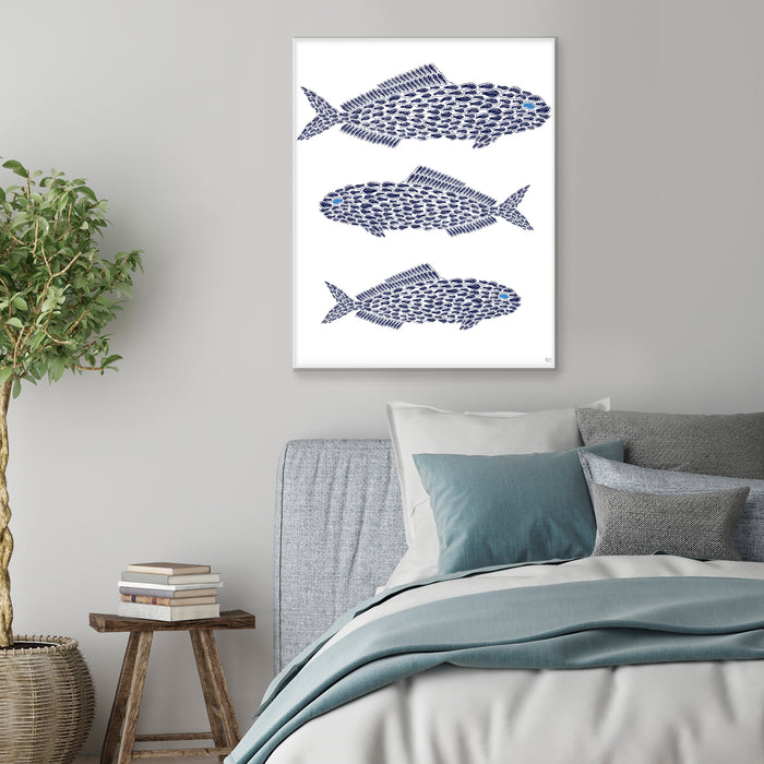 Little Fishes, Fish Trio Midnight Blue On White, Nautical print, Coastal art