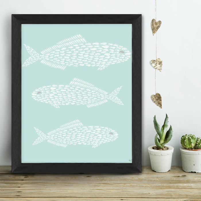 Little Fishes, Fish Trio Mint Tulip, Nautical print, Coastal art