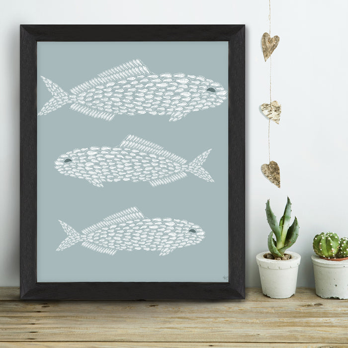 Little Fishes, Fish Trio White on Grey Blue, Nautical print, Coastal art