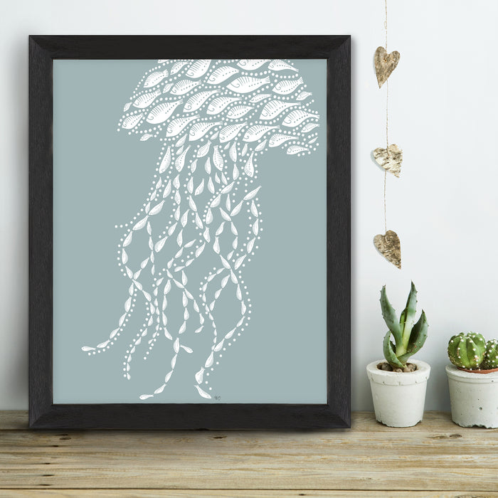 Little Fishes, Jellyfish White on Grey Blue, Nautical print, Coastal art