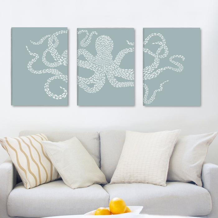 Collection - 3 prints, Little Fishes, Octopus White on Grey Blue Triptych, Nautical print, Coastal art