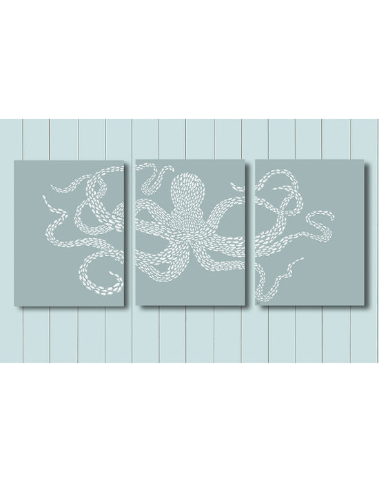 Collection - 3 prints, Little Fishes, Octopus White on Grey Blue Triptych, Nautical print, Coastal art