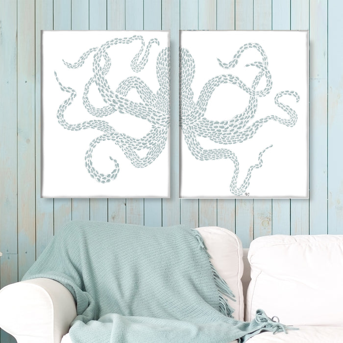 Collection - 2 prints, Little Fishes, Octopus Grey Blue on White, Nautical print, Coastal art