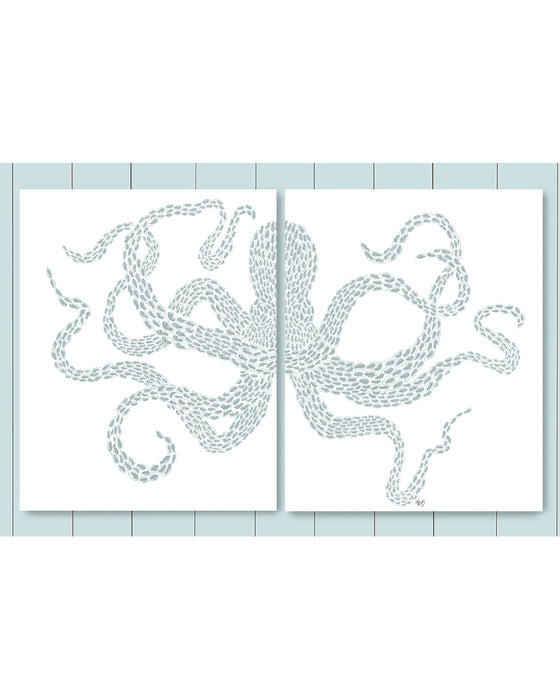 Collection - 2 prints, Little Fishes, Octopus Grey Blue on White, Nautical print, Coastal art