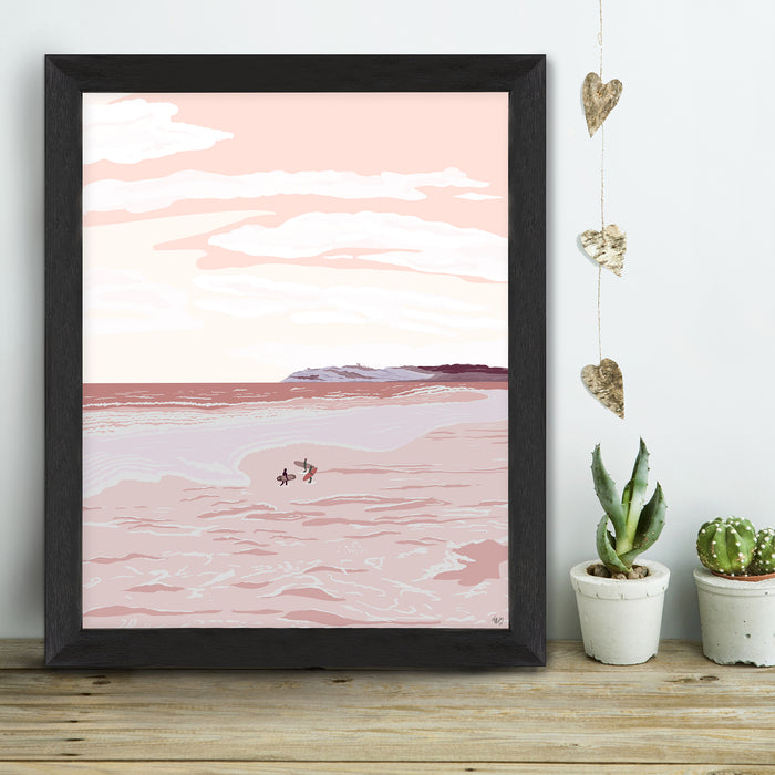 Boho Beach Surfers, Blue or Pink, Coastal Art Print, Canvas Wall Art