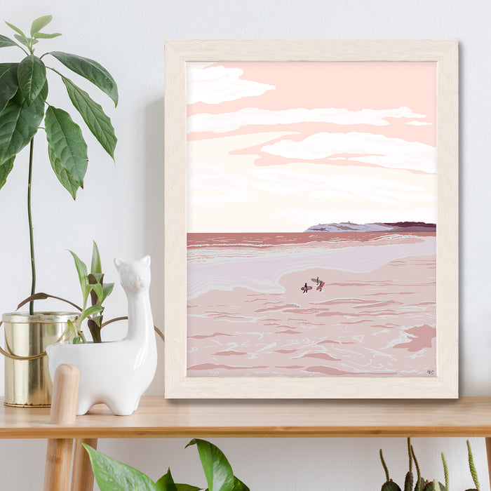 Boho Beach Surfers, Blue or Pink, Coastal Art Print, Canvas Wall Art