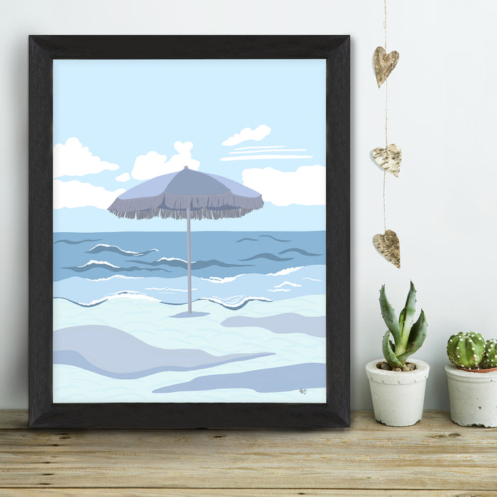 Boho Beach Umbrella, Blue or Pink, Coastal Art Print, Canvas Wall Art