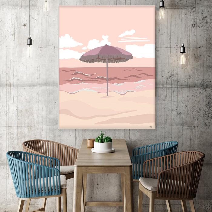 Boho Beach Umbrella, Blue or Pink, Coastal Art Print, Canvas Wall Art