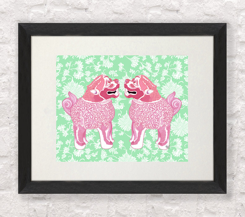 Foo Dog Twins Pink and Green Chinoiserie Art Print
