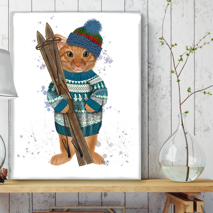 Ginger Ski Cat, Art Print, Wall Art