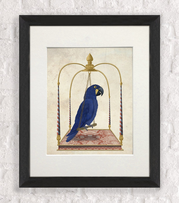 Blue Parrot on Swing, Bird Art Print, Canvas, Wall Art