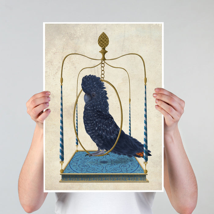 Blue Cockatoo on Swing, Bird Art Print, Canvas, Wall Art