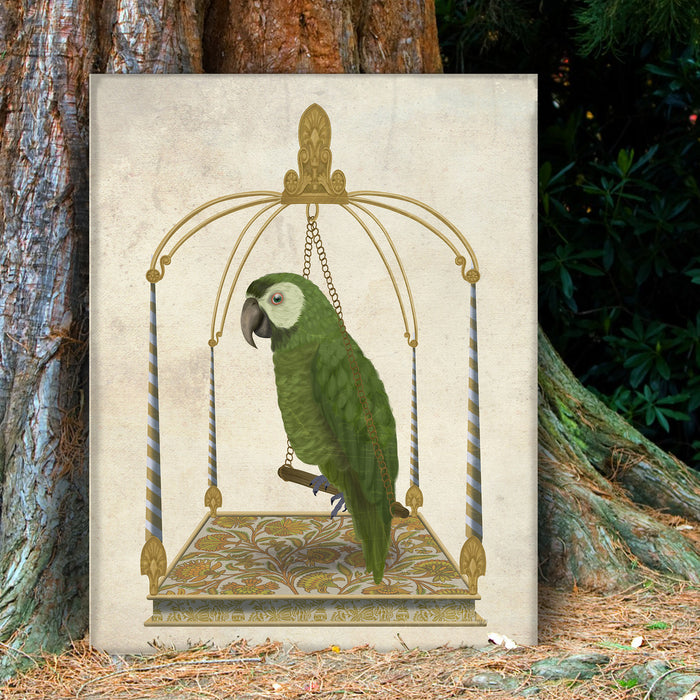 Green Parrot on Swing, Bird Art Print, Canvas, Wall Art