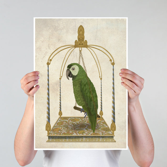 Green Parrot on Swing, Bird Art Print, Canvas, Wall Art