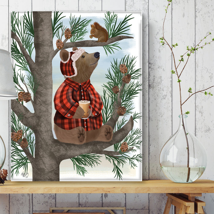 Bear in Pine Tree Coffee Break, Art Print, Canvas, Wall Art