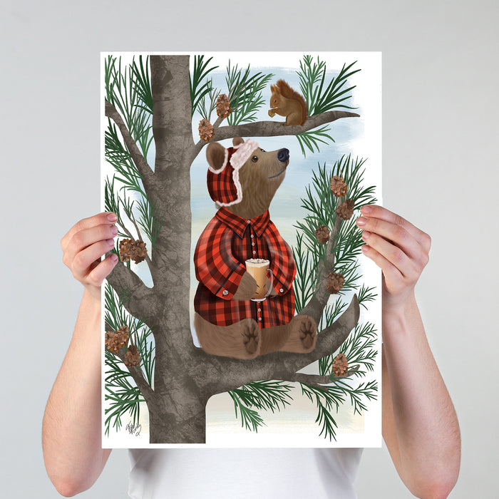 Bear in Pine Tree Coffee Break, Art Print, Canvas, Wall Art