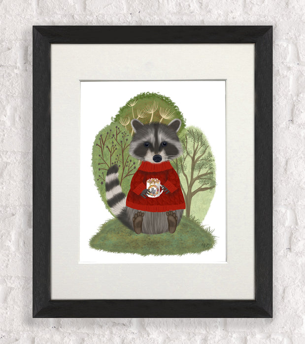Raccoon & Hot Chocolate, Art Print, Canvas, Wall Art