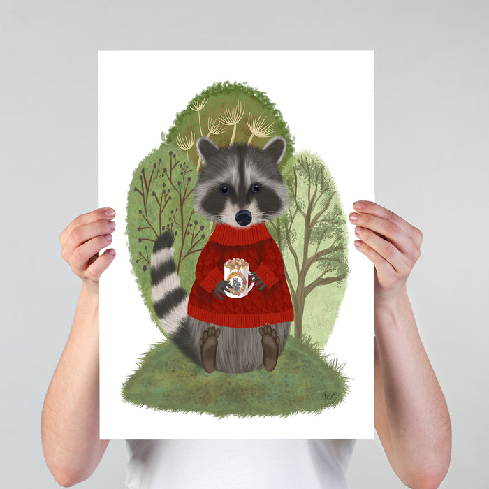 Raccoon & Hot Chocolate, Art Print, Canvas, Wall Art