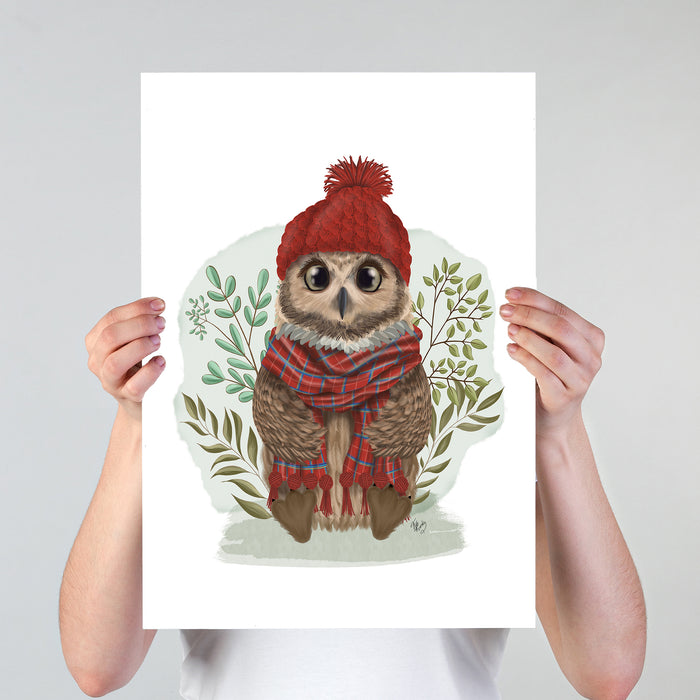 Owl in Tartan Scarf, Art Print, Canvas, Wall Art