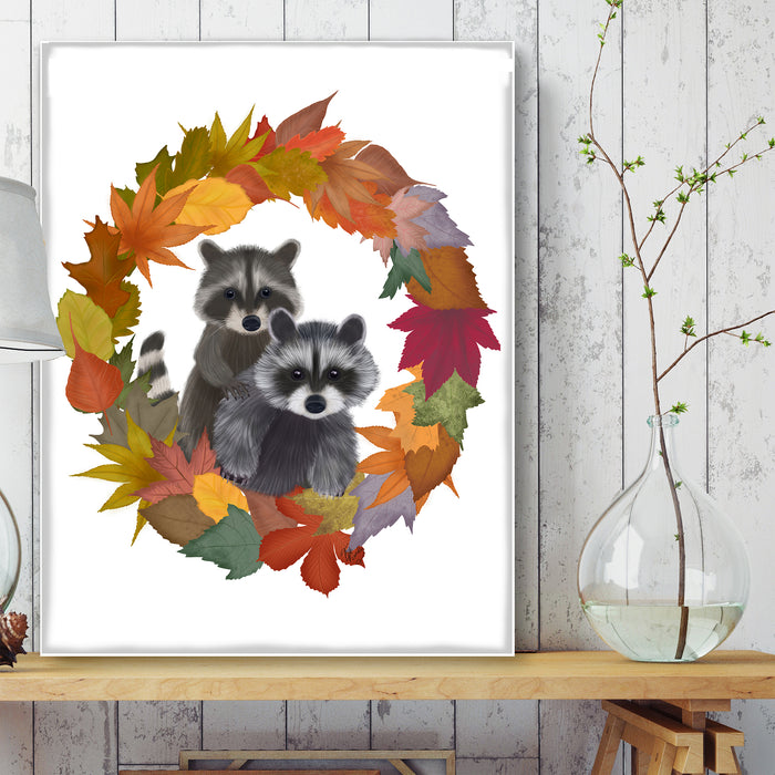 Raccoons Autumn Leaf Wreath, Art Print, Canvas, Wall Art