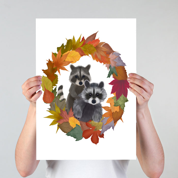 Raccoons Autumn Leaf Wreath, Art Print, Canvas, Wall Art