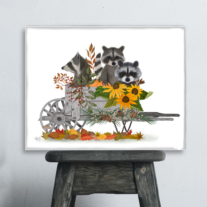 Raccoon & Wheelbarrow, Art Print, Canvas, Wall Art