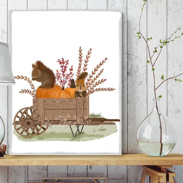 Squirrels In Pumpkin with Wheelbarrow, Art Print, Canvas, Wall Art