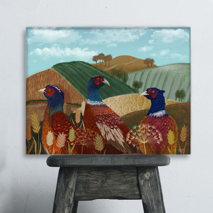 Pheasant Trio in Field, Art Print, Canvas, Wall Art