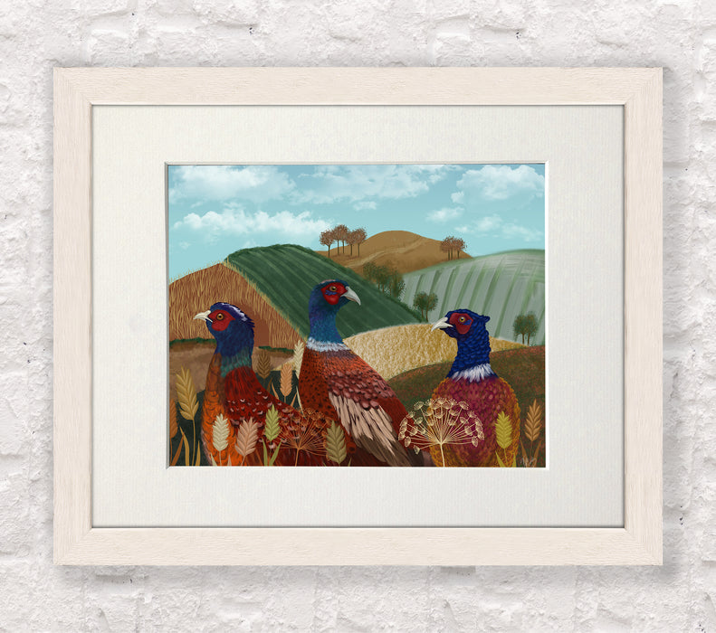 Pheasant Trio in Field, Art Print, Canvas, Wall Art